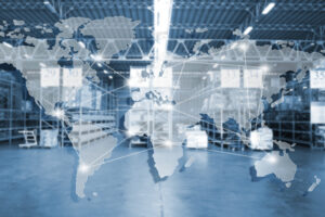 global logistics network distribution and transportation, Smart logistics, Innovation future of transport on large warehouse center background.